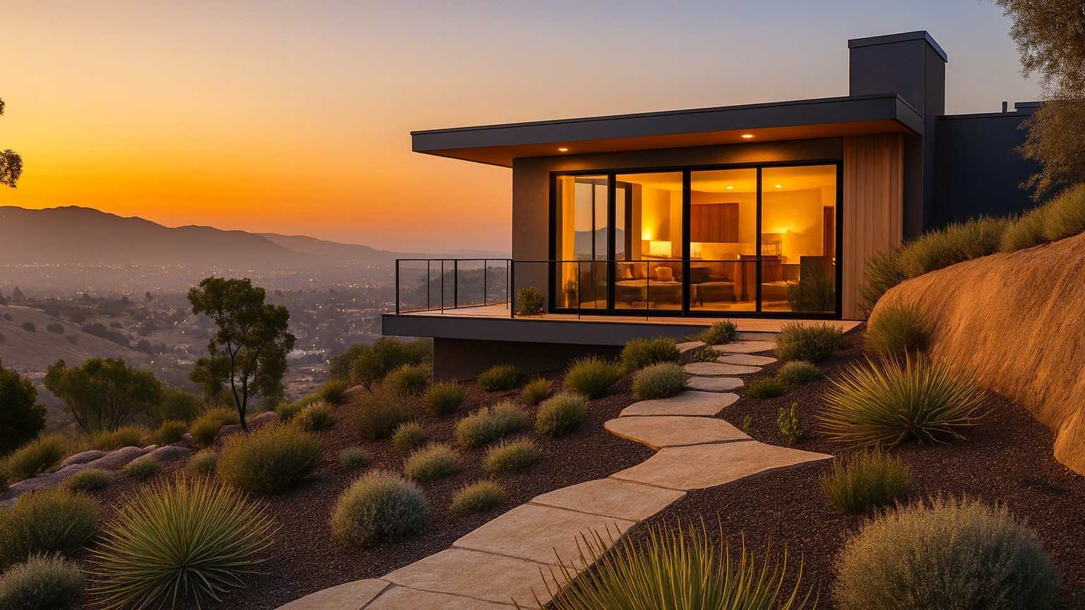 California hillside neighborhood with fire-hardening landscaping at sunset