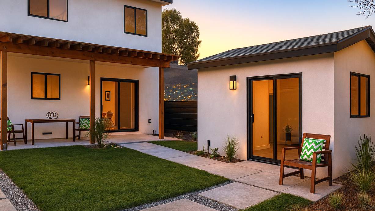 Modern detached ADU with drought-tolerant landscaping in Southern California at sunset.